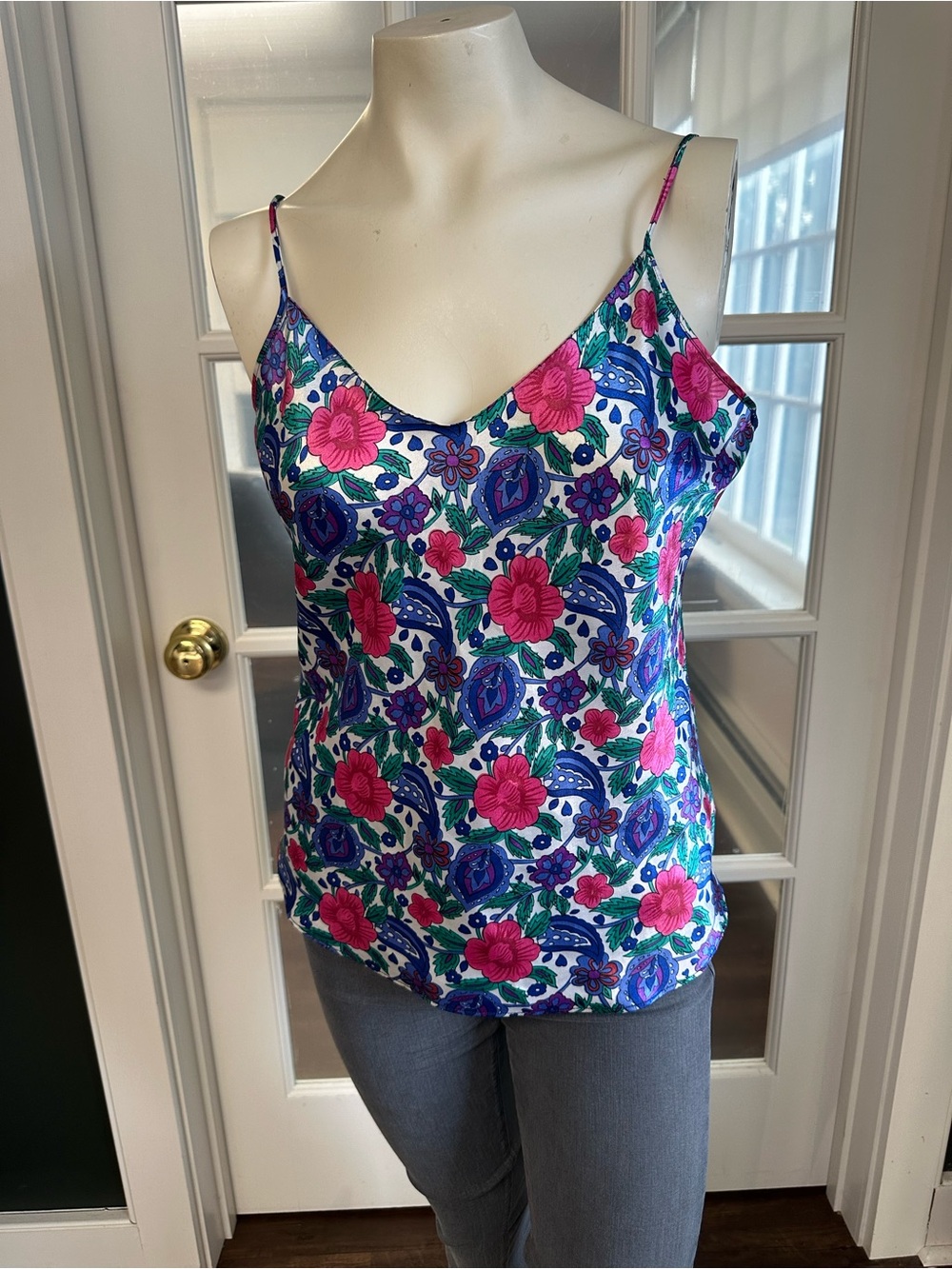 Vintage • Satin Floral Print Spaghetti Strap Cami Tank Top - Pink & Blue